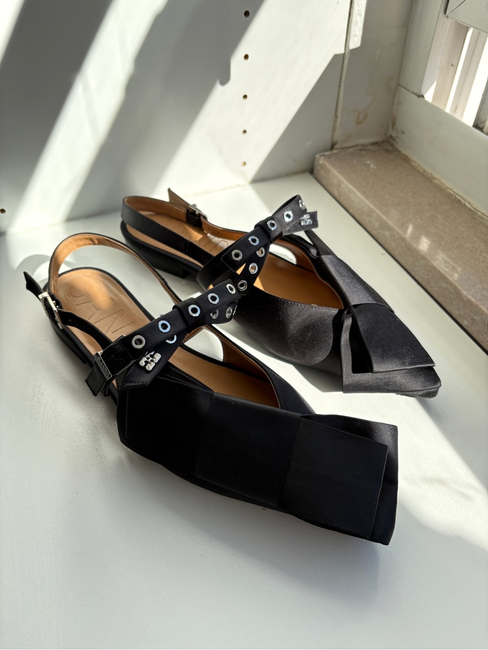 NWT Black Satin Slingback Flats with Grommet Strap